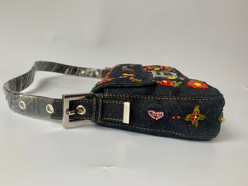 Sold FENDI Baguette Blue Denim with beaded Flower Embroidery