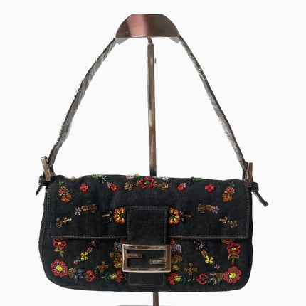 Sold FENDI Baguette Blue Denim with beaded Flower Embroidery-Luxbags