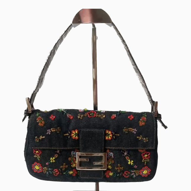 Sold FENDI Baguette Blue Denim with beaded Flower Embroidery-Luxbags