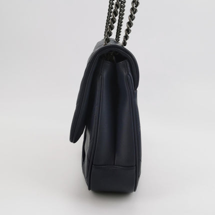 Chanel Large Single Flap Navy Calfskin Leather Cannage Stitch Silver Hardware 2012