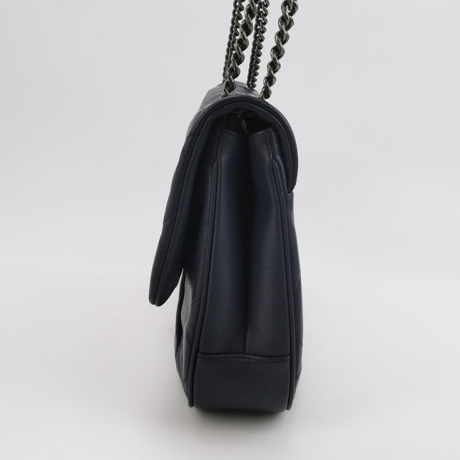 Chanel Large Single Flap Navy Calfskin Leather Cannage Stitch Silver Hardware 2012