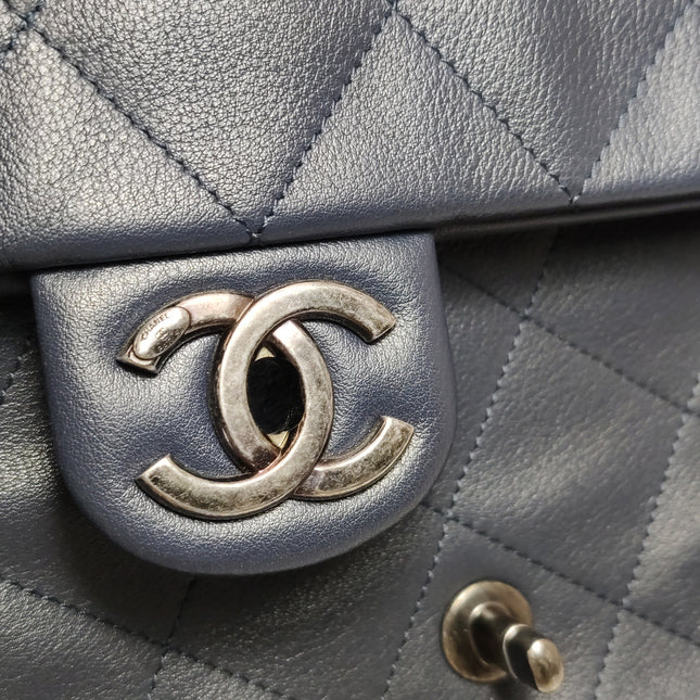 Chanel Large Single Flap Navy Calfskin Leather Cannage Stitch Silver Hardware 2012