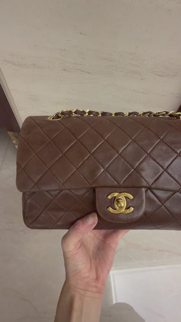 Chanel Classic Flap Rare Vintage Medium Brown Lambskin Leather 24k Gold Hardware 1989-1991