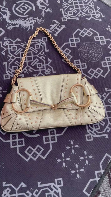 Sold Gucci Horsebit 1955 Chain Bag Pearlescent Gold Leather and Gold Studs