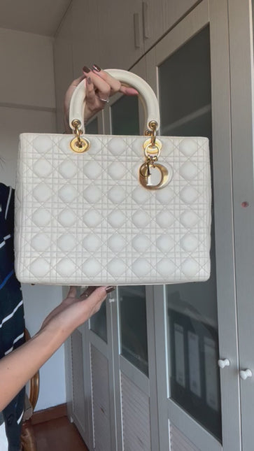 Sold Lady Dior Large Cream White Cannage Lambskin Leather handbag with Gold Hardware and Strap