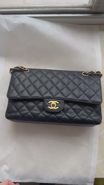 Chanel Classic Flap Medium Black Caviar Leather Double Flap Gold Hardware