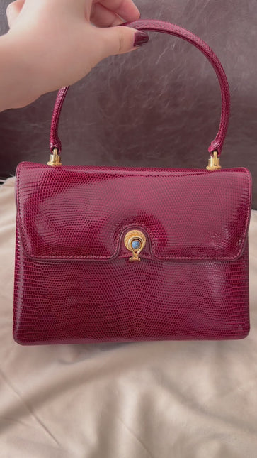 Gucci Vintage Bag Burgundy Lizard Leather Blue Lapis Lazuli Stone Gold-tone Hardware