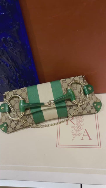 Gucci Horsebit 1955 Chain Cloth Gucci Monogram Green Leather and Gold Studs