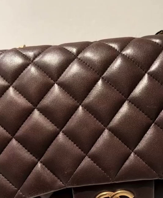 Chanel Classic Flap Jumbo Brown Lambskin Leather Single Flap Gold Hardware