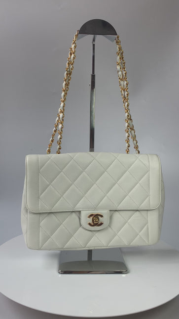 Sold Chanel Classic Flap 1996 White Leather 24k Gold Plated Giant CC Logo