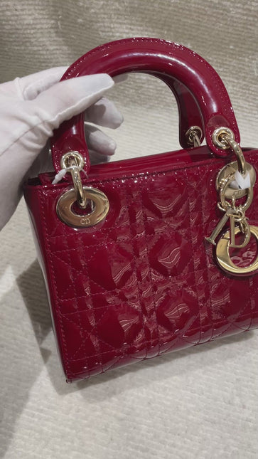 Lady Dior Mini Handbag 2019 Burgundy Red Patent Leather Gold-tone Chain Strap
