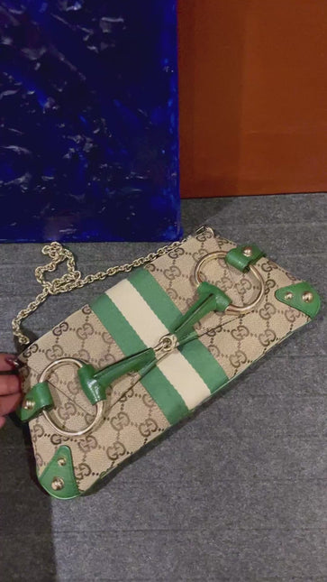 Gucci Horsebit 1955 Chain Bag Gucci Monogram Green Leather and Gold Studs