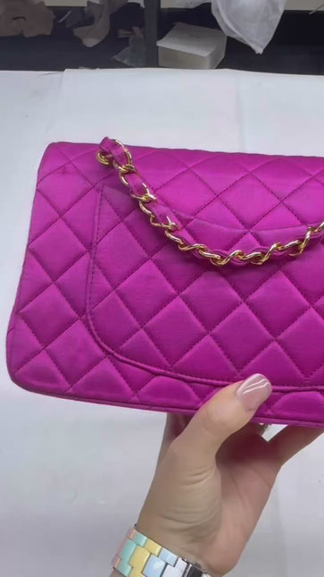 Chanel Classic Flap Medium Vintage Pink Fuchsia Silk Satin with 24k Gold Plated Hardware