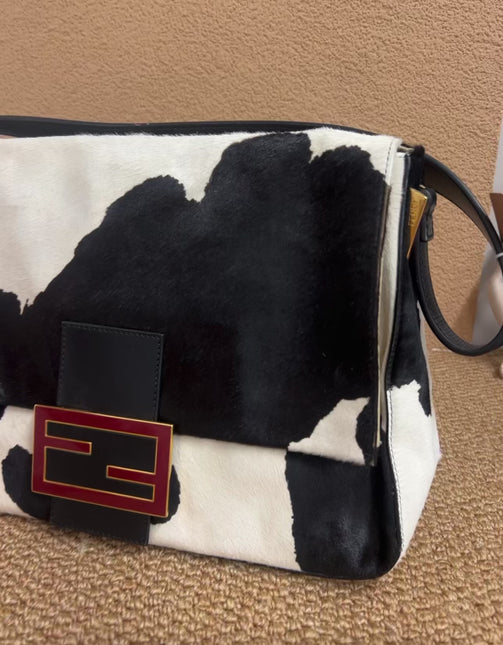 Fendi Mamma Baguette Large Pony hair in Cow Print Black and White