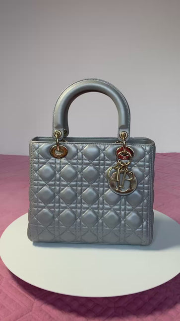 Sold Lady Dior Pearlescent Grey Medium Lambskin Cannage Leather Handbag
