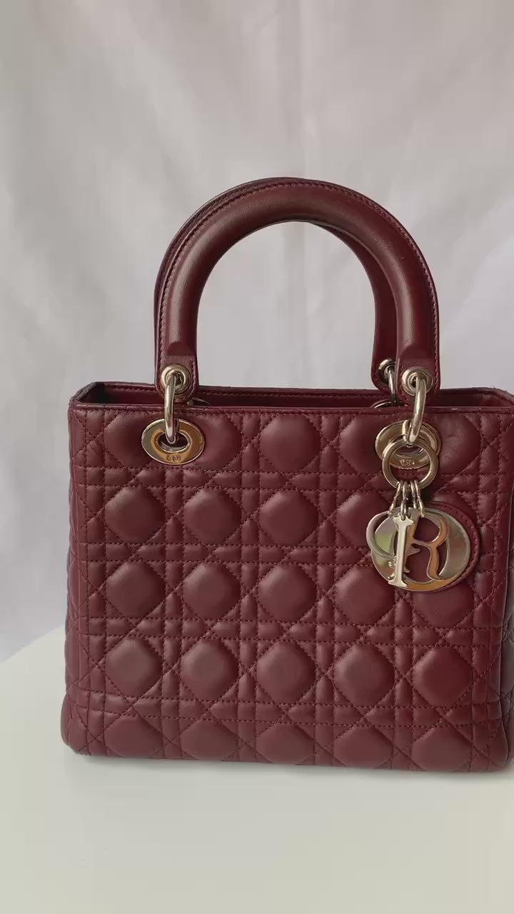 Sold Lady Dior Medium Burgundy Cannage Lambskin Leather with strap Luxbags