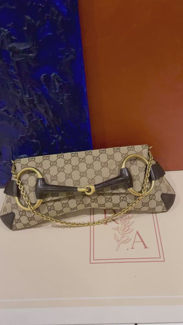 Sold Gucci Horsebit 1955 Large Cloth Beige Monogram Brown Leather Shoulder bag