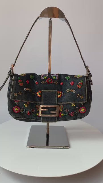Sold FENDI Baguette Blue Denim with beaded Flower Embroidery