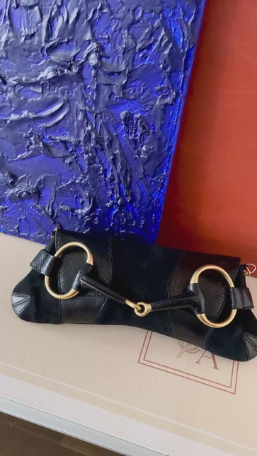 Gucci Horsebit 1955 Large Black Suede and Python-skin Leather Shoulder Bag