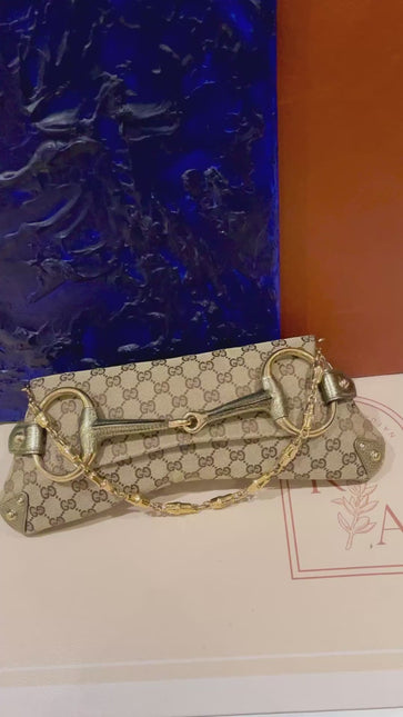 Sold Gucci Horsebit 1955 Large Cloth Beige Monogram Gold Leather Shoulder bag