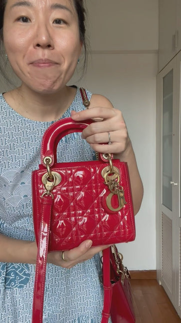 Sold Lady Dior Mini Handbag Red Patent Leather Gold-tone Leather and Chain Strap