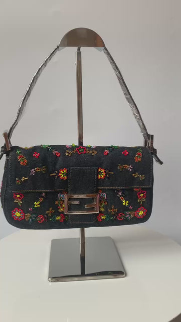 Sold FENDI Baguette Blue Denim with beaded Flower Embroidery