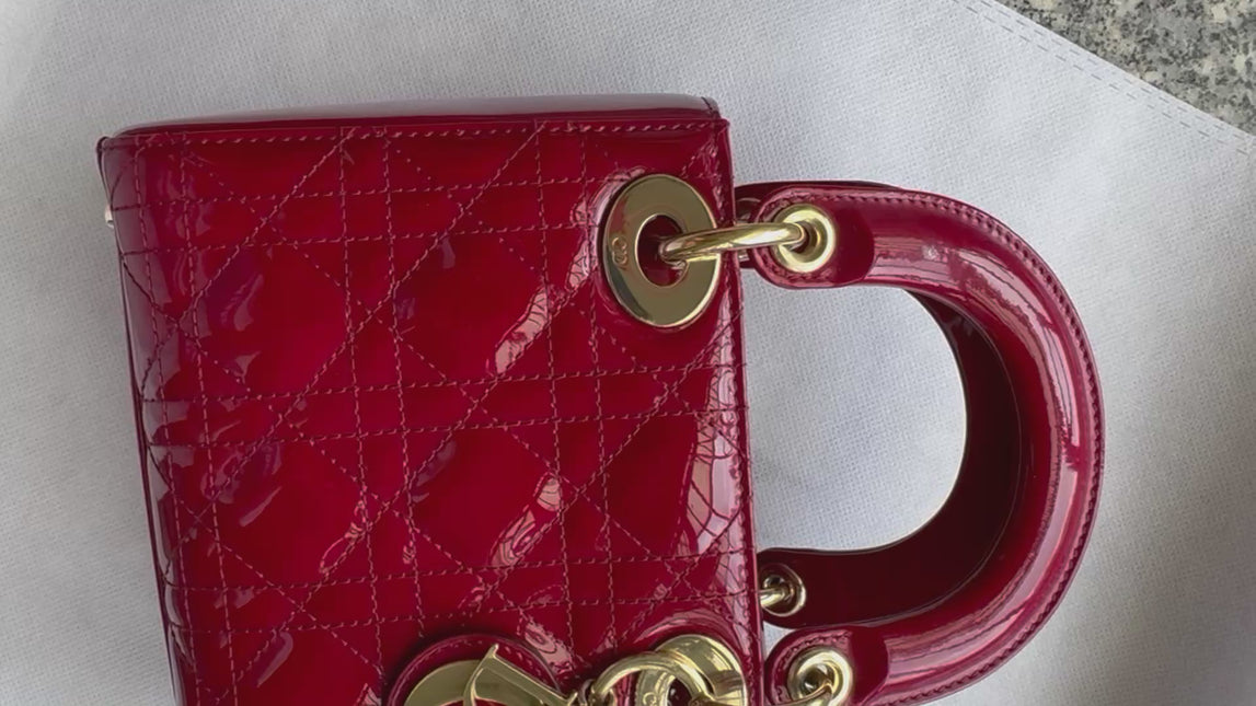Lady Dior Mini Handbag 2019 Burgundy Red Patent Leather Gold-tone Chain Strap