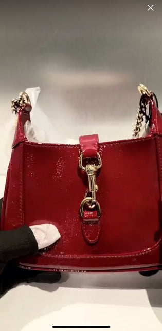 Gucci Jackie 1961 Mini Notte Burgundy Ancora Red Patent Leather Gold Chain Strap Crossbody Bag