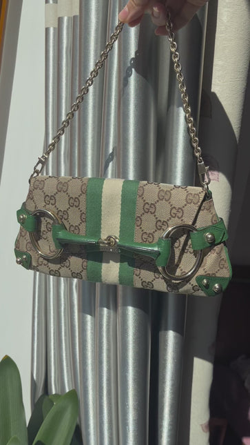 Sold Iconic Gucci Horsebit 1955 Chain Cloth Gucci Monogram Green Leather and Gold Studs