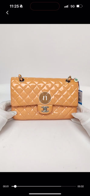 Chanel Classic Flap Medium Pink Orange Patent Leather Silver HW, 2012-2013