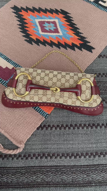 Gucci Horsebit 1955 Large Cloth Beige Monogram Burgundy Leather Shoulder bag
