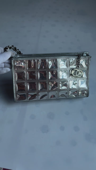 Chanel Ice Cube Chocolate Bar Clutch Metallic Silver PVC with Leather Shoulder Bag