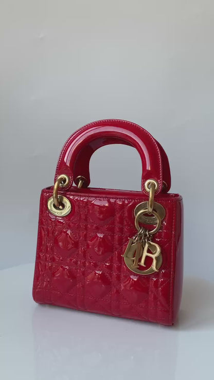 Sold Lady Dior Patent Leather Red Mini handbag with gold hardware