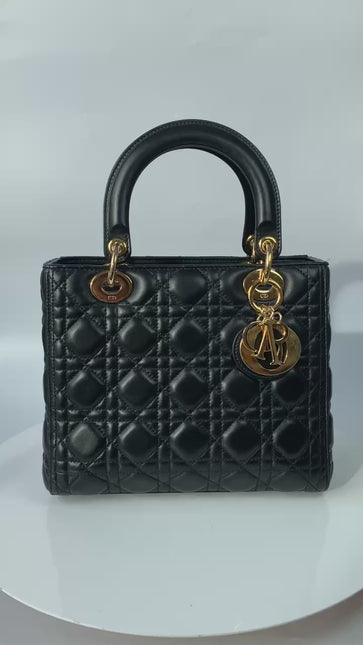 Sold Lady Dior Medium Black Cannage Lambskin Leather Gold Hardware