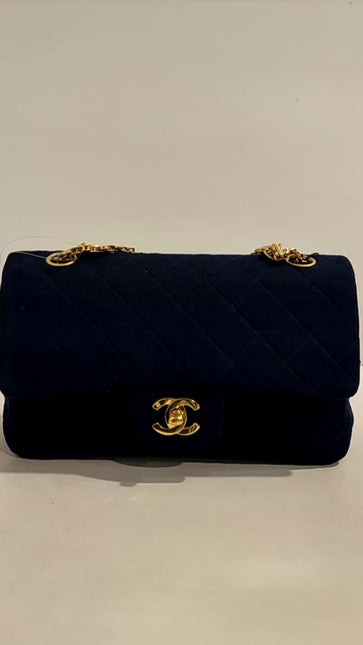 Chanel Classic Flap Small Vintage Navy Fabric 24k Gold Hardware Linked Chain Strap