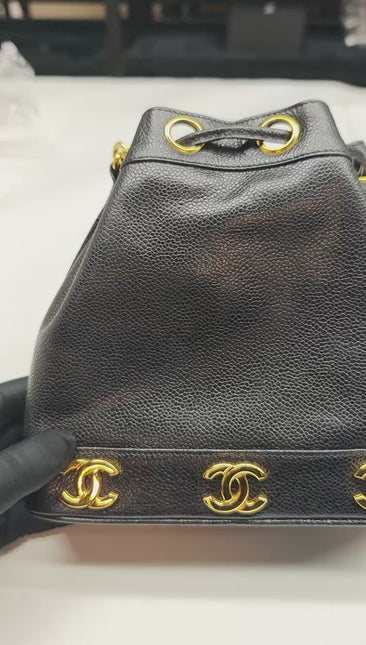 Chanel Vintage Mini Bucket Bag Black Caviar Leather Gold Logo, 1996-1997