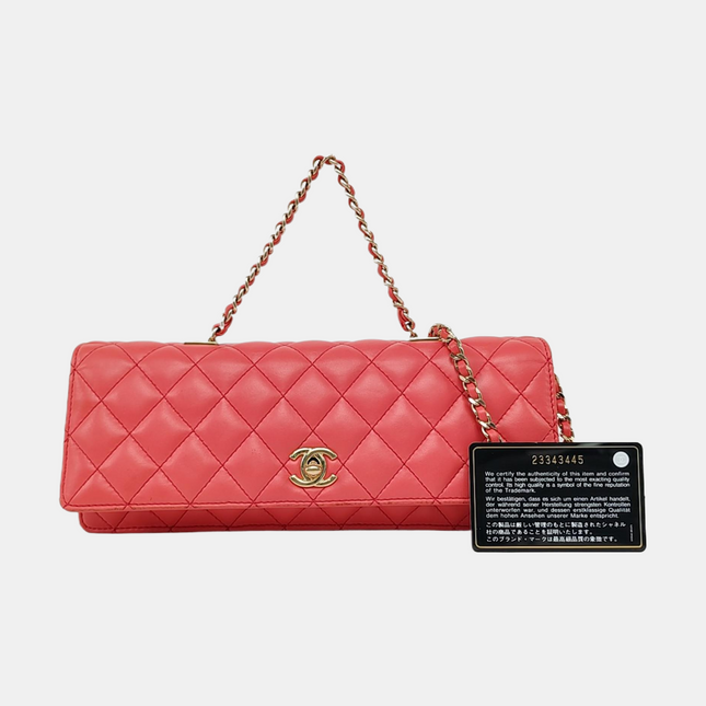 Chanel East West Single Flap Bag Pearl Chain Clutch Pink Lambskin