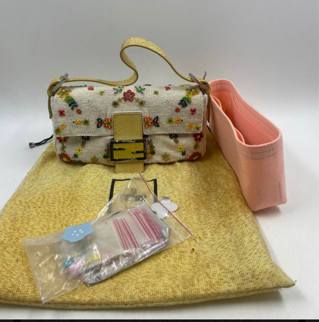 Sold Fendi Baguette glitter white canvas with floral beads