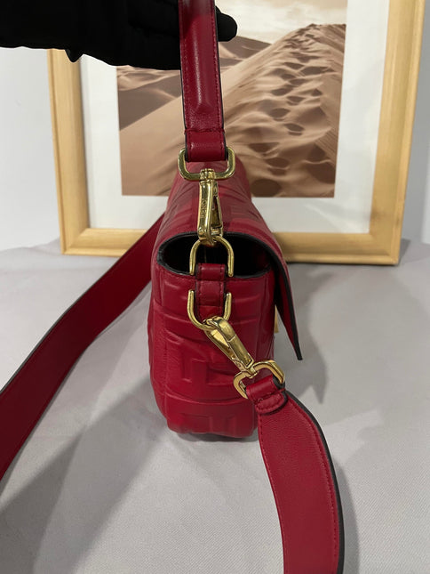 Sold FENDI Baguette Red Soft Lambskin Nappa Leather 3D FF Motif Crossbody