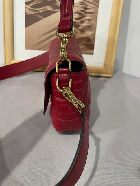 Sold FENDI Baguette Red Soft Lambskin Nappa Leather 3D FF Motif Crossbody