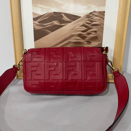 Sold FENDI Baguette Red Soft Lambskin Nappa Leather 3D FF Motif Crossbody