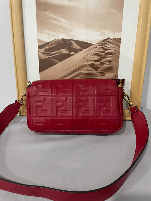 Sold FENDI Baguette Red Soft Lambskin Nappa Leather 3D FF Motif Crossbody
