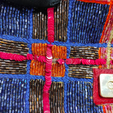 Sold FENDI Baguette strass and rhinestone glitter beads blue red gold pony hair strap and buckle