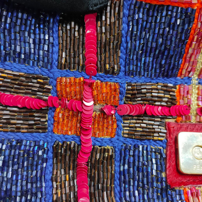 Sold FENDI Baguette strass and rhinestone glitter beads blue red gold pony hair strap and buckle
