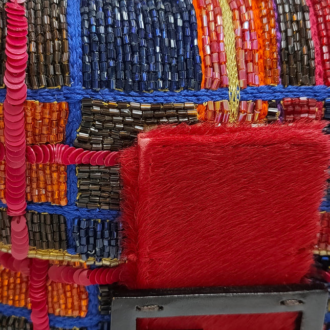 Sold FENDI Baguette strass and rhinestone glitter beads blue red gold pony hair strap and buckle