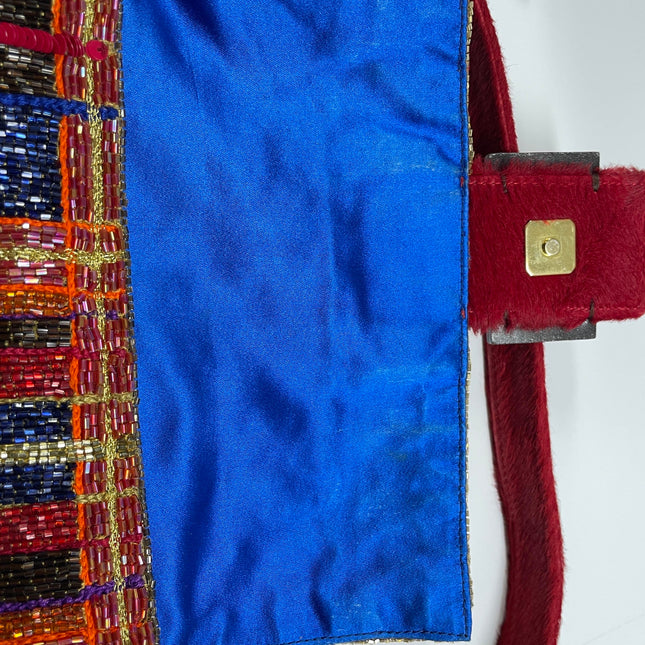 Sold FENDI Baguette strass and rhinestone glitter beads blue red gold pony hair strap and buckle