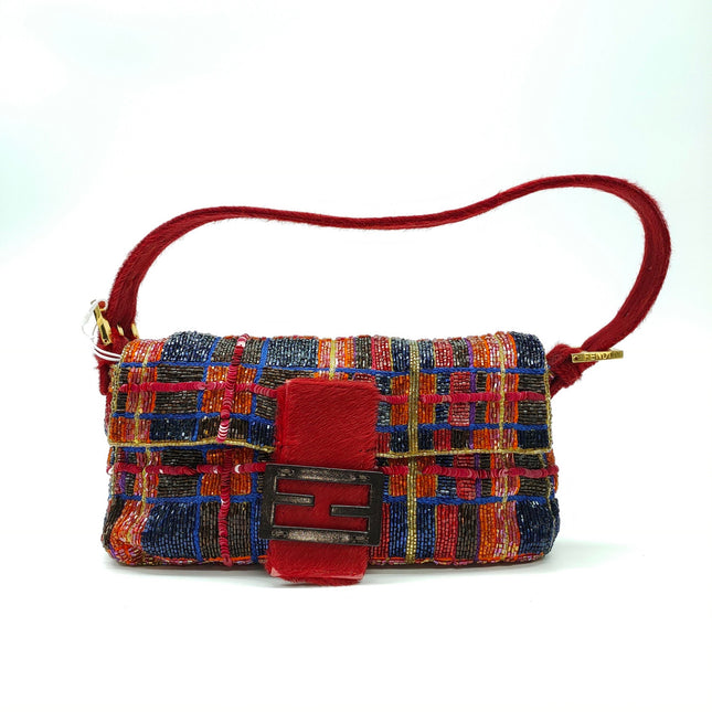 Sold FENDI Baguette strass and rhinestone glitter beads blue red gold pony hair strap and buckle