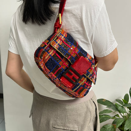Sold FENDI Baguette strass and rhinestone glitter beads blue red gold pony hair strap and buckle