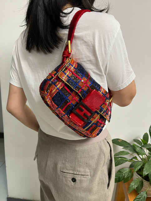 Sold FENDI Baguette strass and rhinestone glitter beads blue red gold pony hair strap and buckle