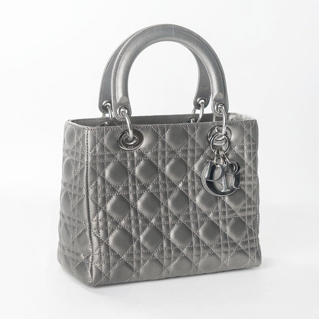 Sold Lady Dior Medium Calfskin Leather Gunmetal Silver Grey